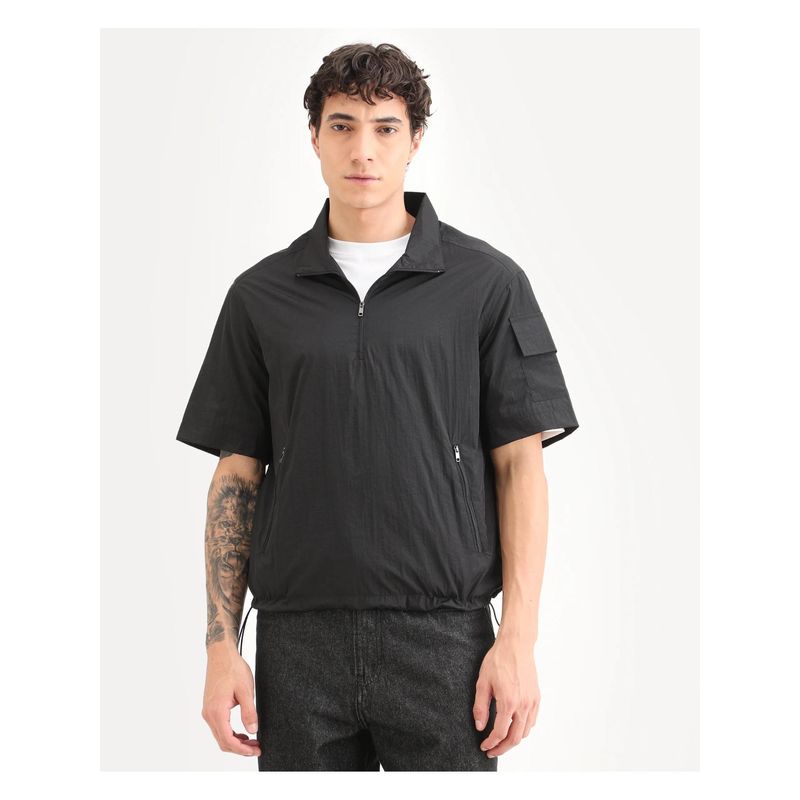 Rare Rabbit Mens Atto Black Nylon Fabric Spread Collar Regular Fit Plain T-Shirt (L)