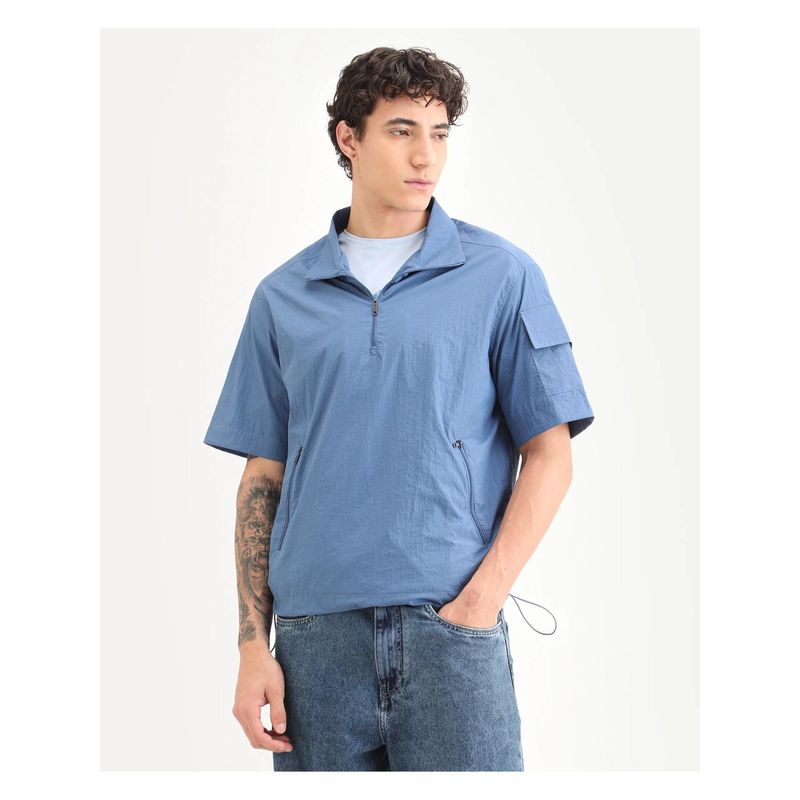 Rare Rabbit Mens Atto Blue Nylon Fabric Spread Collar Regular Fit Plain T-Shirt (XL)