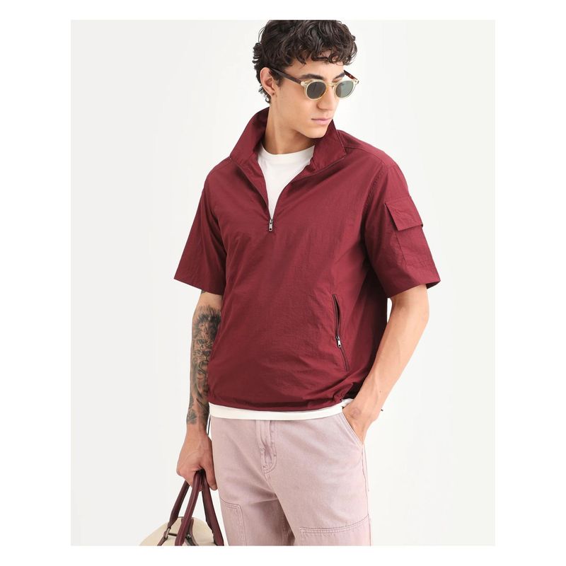 Rare Rabbit Mens Atto Red Nylon Fabric Spread Collar Regular Fit Plain T-Shirt (L)