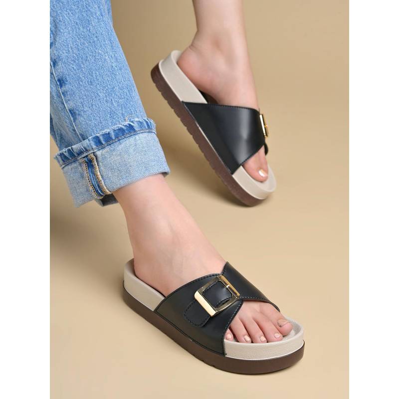 Shoetopia Women Chic Black Comfort Sandals (EURO 39)