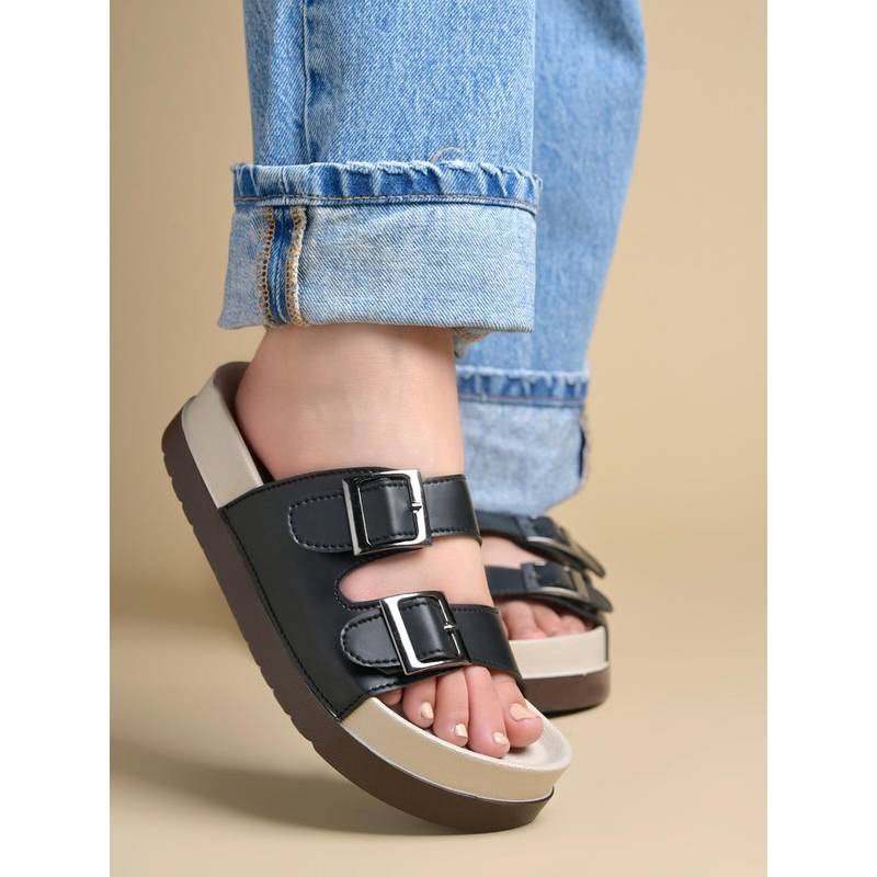 Shoetopia Women Black Dual Buckle Comfort Sandals (EURO 38)