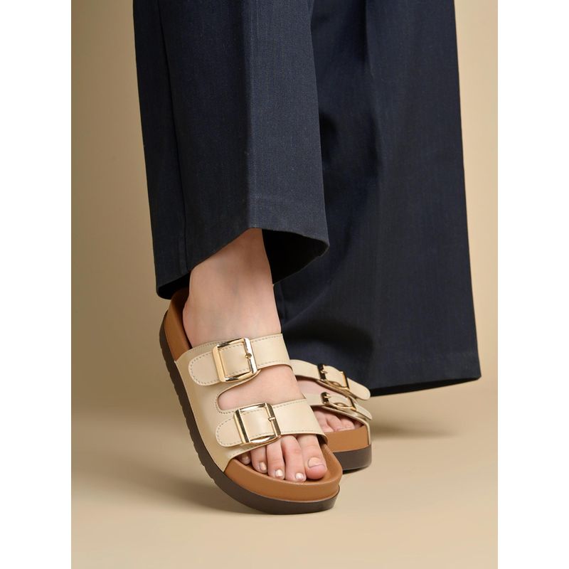 Shoetopia Women Cream Dual Buckle Comfort Sandals (EURO 36)
