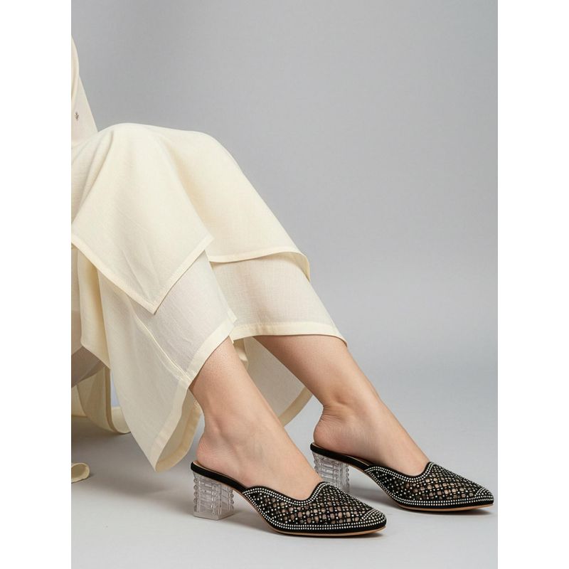 Dollphin Women Black Champagne Crystal Studded Mules Heels (EURO 37)