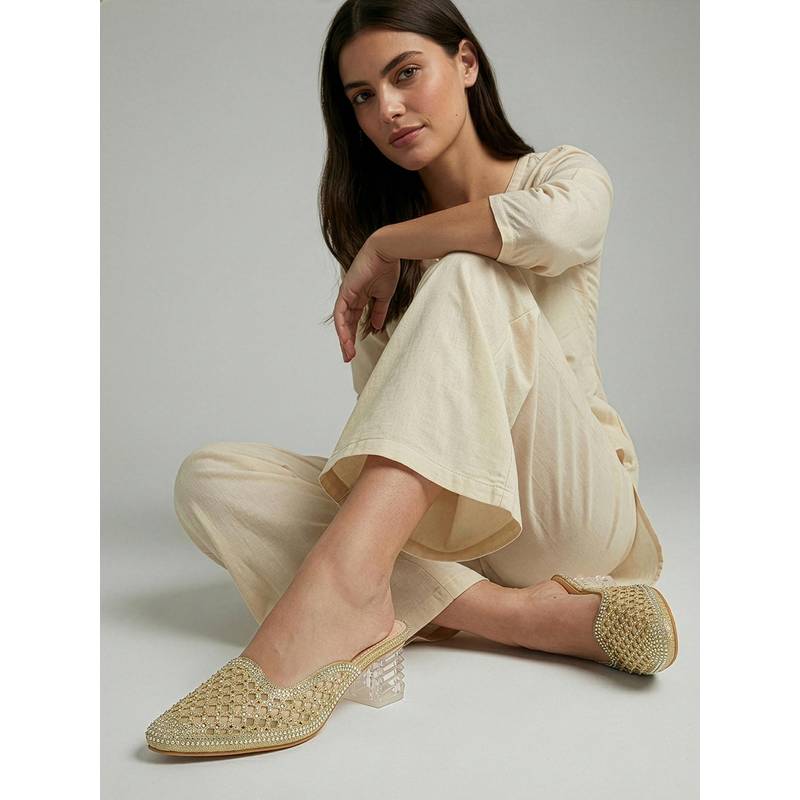 Dollphin Women Gold Champagne Crystal Studded Mules Heels (EURO 36)