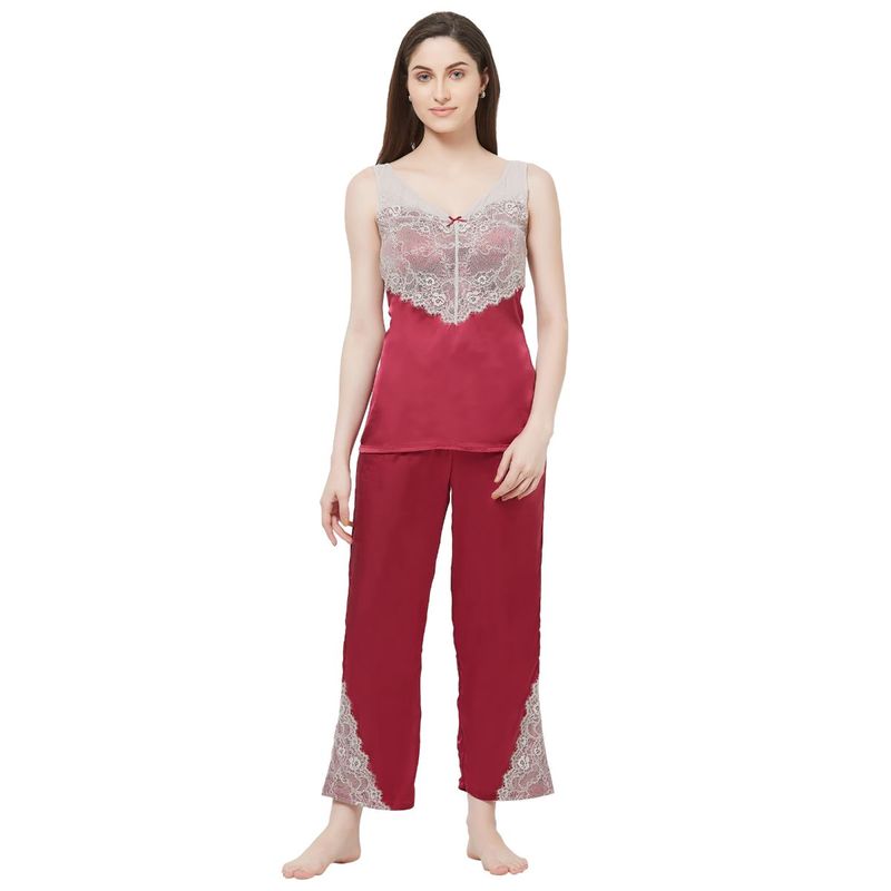 SOIE Women's Laced Satin Top And Pyjama Set - Red (L)