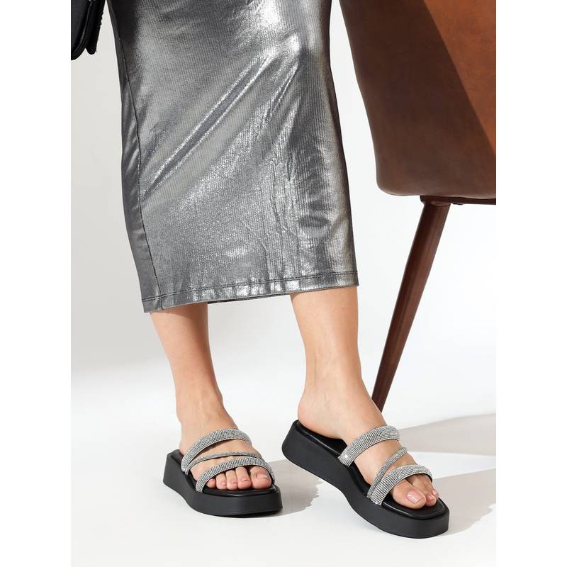 Viviblu Women Black Leather Platform Sandals Embellished Silver Straps (EURO 37)