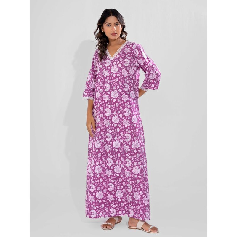 FEATHERS CLOSET Taffy Pink Printed Pure Cotton V-Neck Night Maxi (S/M)