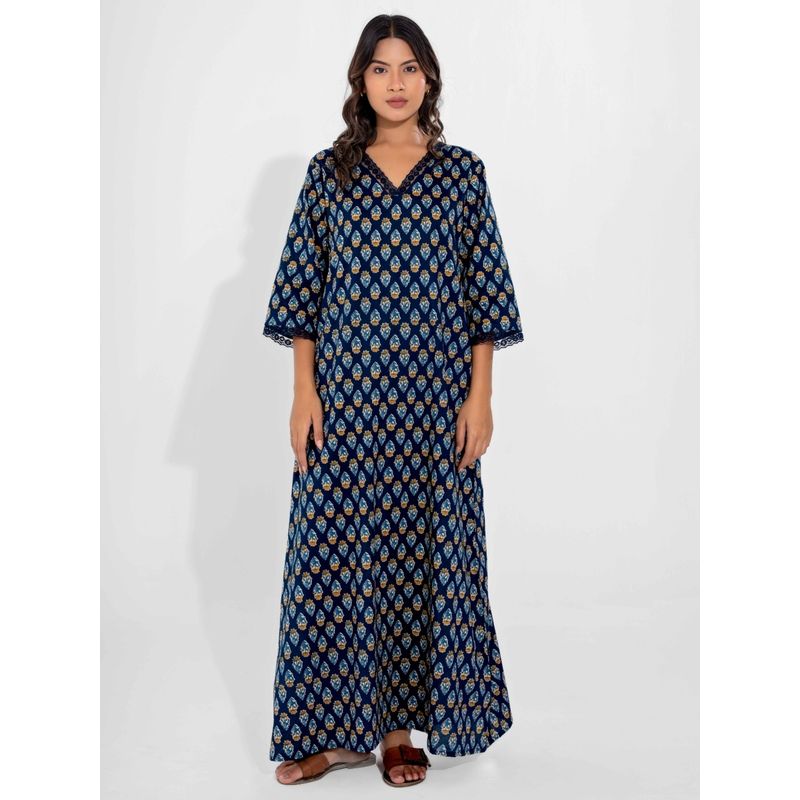 FEATHERS CLOSET Blue Buti Pure Cotton V-Neck Night Maxi (S/M)