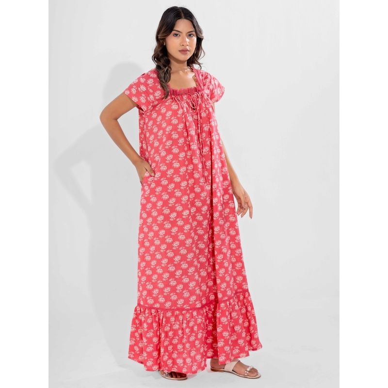 FEATHERS CLOSET Peach Muse Pure Cotton Tie-Up Square Neck Night Maxi (S/M)