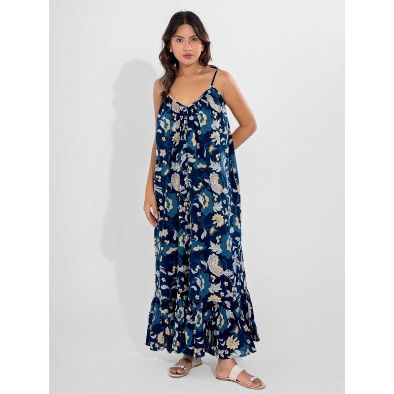 FEATHERS CLOSET Blue Flowy Pure Cotton Ghera Maxi (S/M)