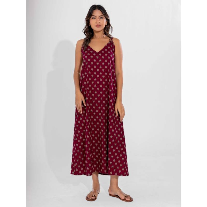 FEATHERS CLOSET Wine Classic Pure Cotton V-Neck Night Maxi (S/M)