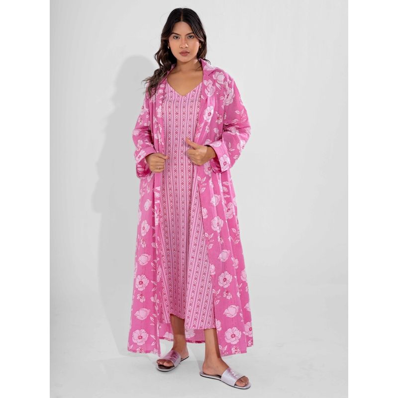FEATHERS CLOSET Pink Soft Pure Cotton V-Neck Midi And Shrug (L/XL)