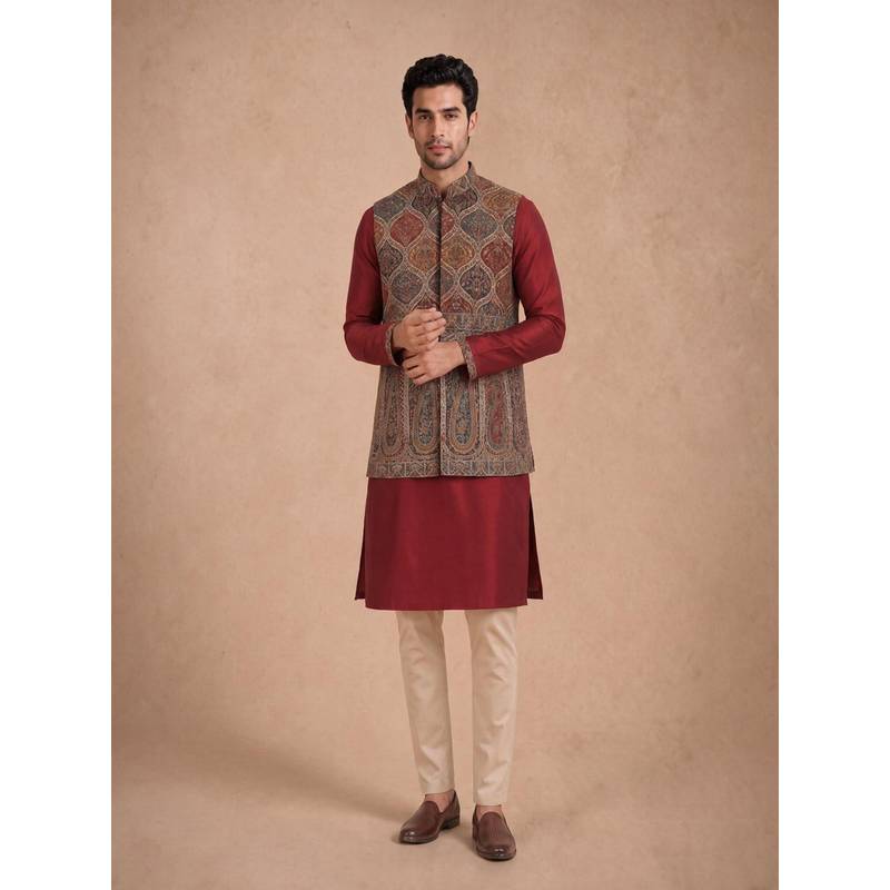 Manyavar Maroon Blended Viscose Embroidery Kurta & Jacket with Pant for Men (XL)