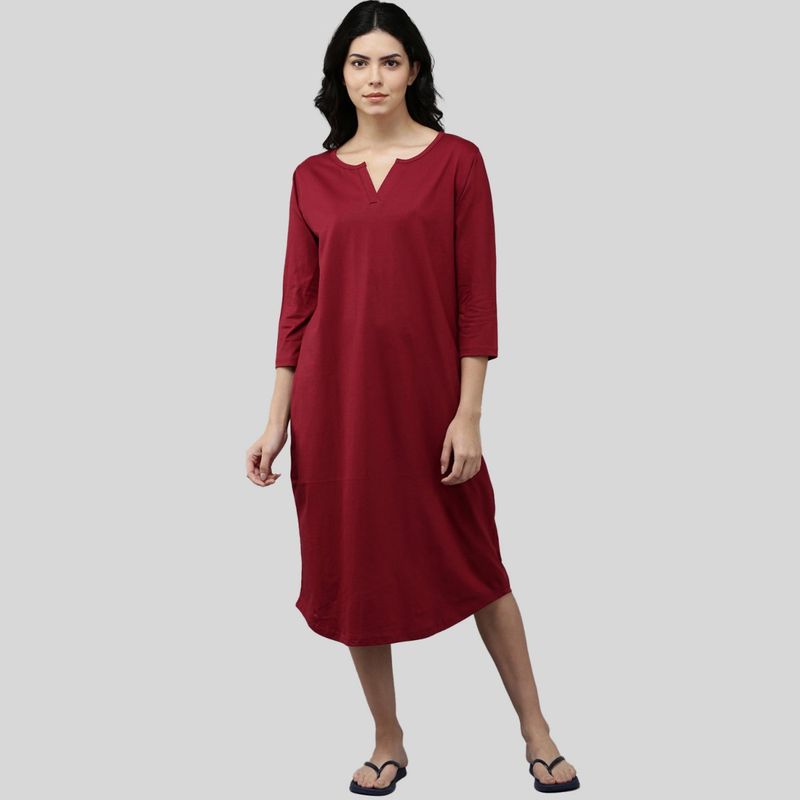 Kryptic Womens Cotton Solid Three Fourth Sleeves Relaxed Fit Maxi Nightdress (M)