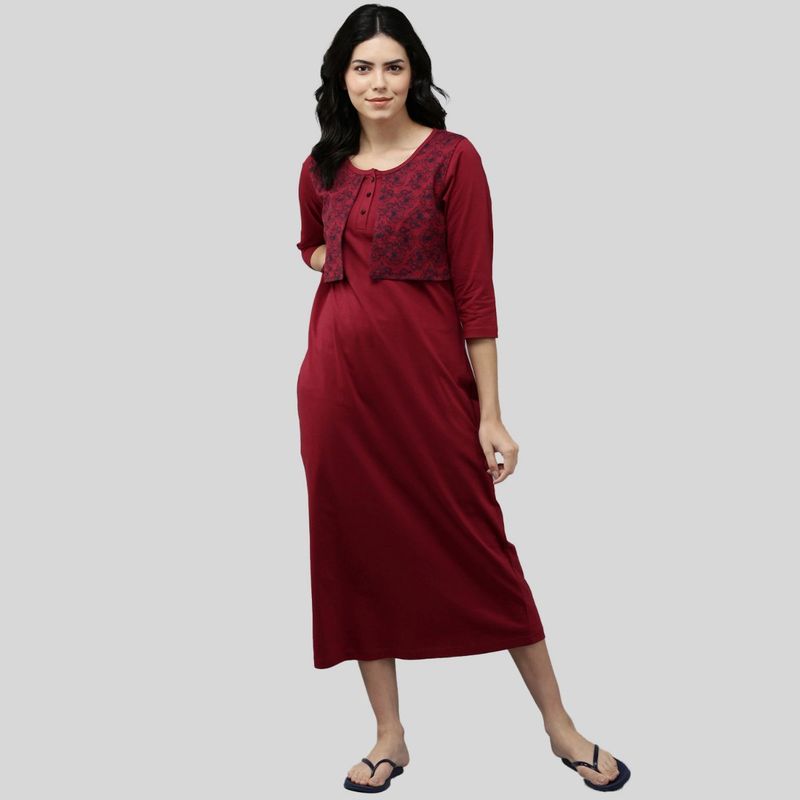 Kryptic Womens Cotton Printed Three Fourth Sleeves Relaxed Fit Maxi Nightdress (XL)