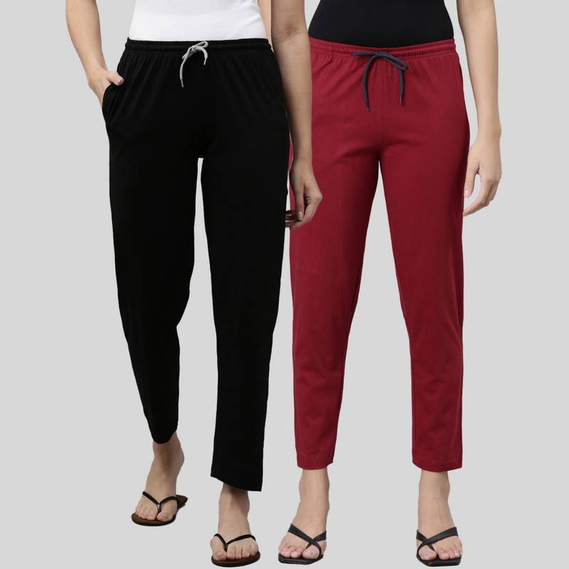 Kryptic Womens Black Maroon Mid Waist Cotton Solid Pants (Pack of 2) (M)
