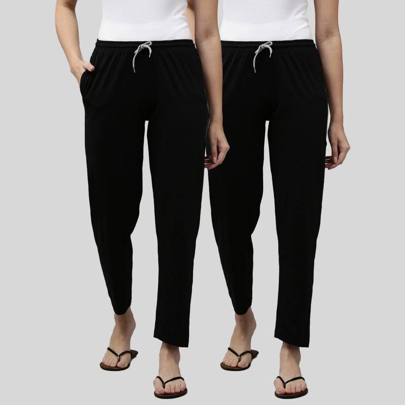 Kryptic Womens Black Mid Waist Cotton Solid Pants (Pack of 2) (M)