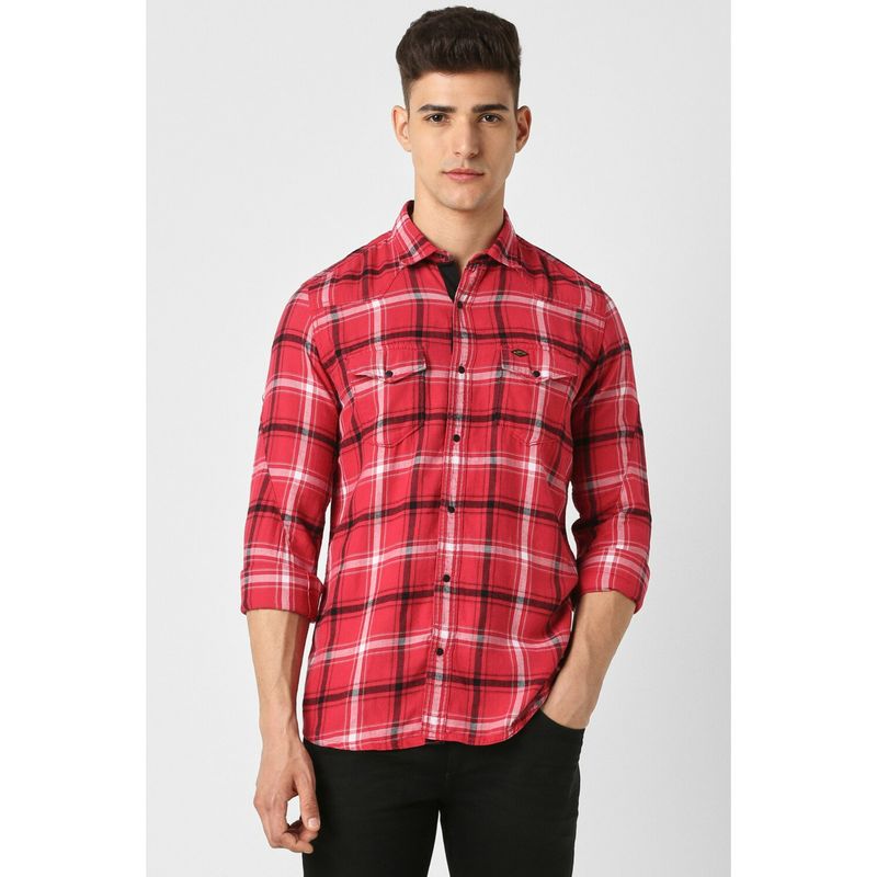 Van Heusen Men Red Slim Fit Check Full Sleeves Casual Shirt (42)