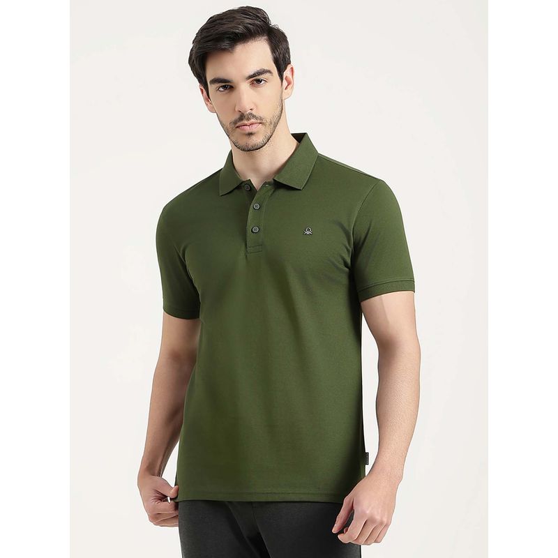 United Colors of Benetton Men Olive Pure Cotton Regular Fit Polo T-Shirt (S)