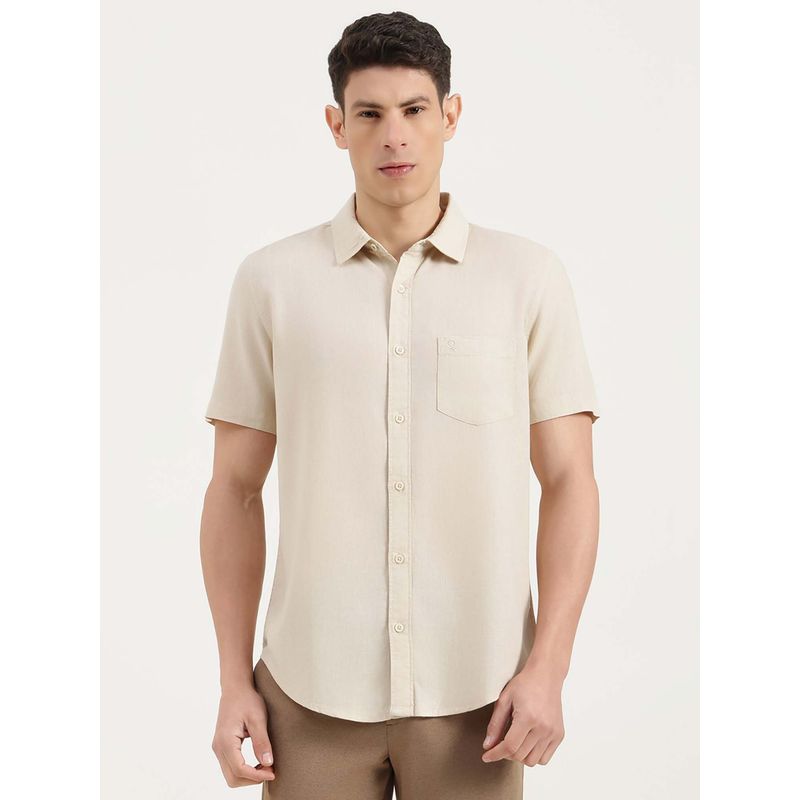 United Colors of Benetton Men Cream Tencel Regular Fit Shirt (S)