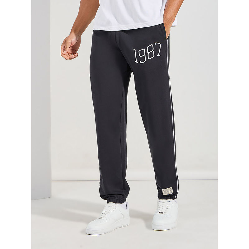 Styli Men Black Cotton Relaxed Fit Terry Joggers with Side cord and Embroidery Detail (M)