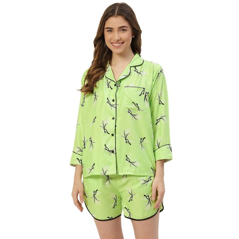 Fasense Cotton Animal Print Night Suit Set - Green (M)
