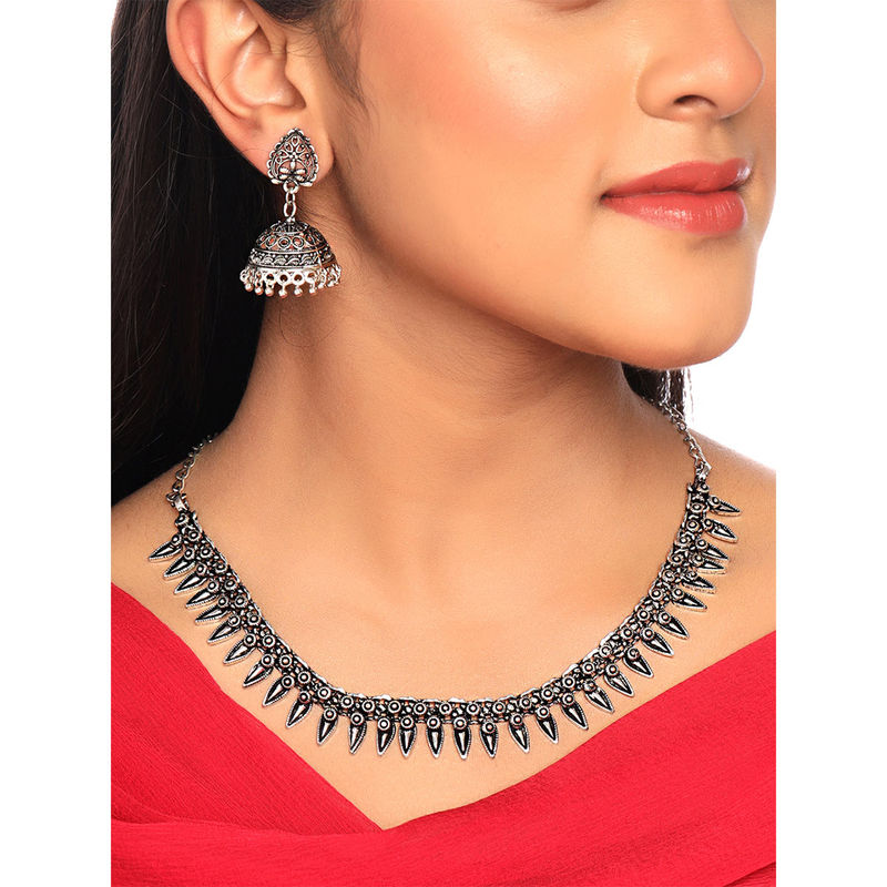 Womens Navratri Ethnic Stylish Silver Oxidised Afghani Ghungroo Choker Necklace Jewellery Set With Earrings