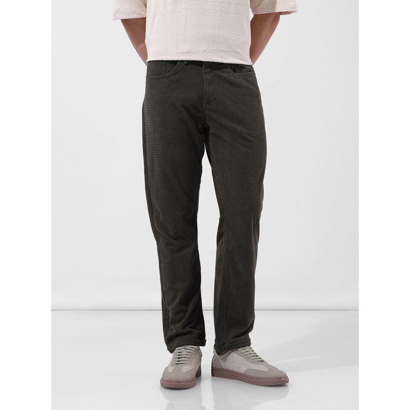 The Indian Garage Co Olive Men's Straight Fit Textured Mid-Rise Trouser (30)