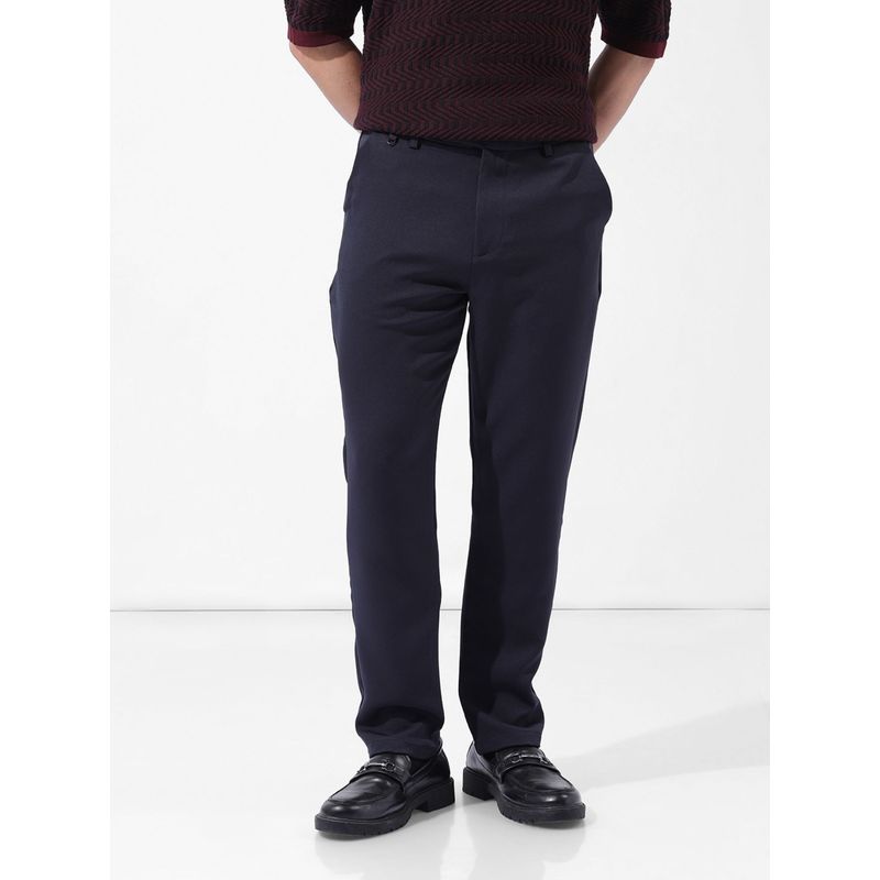 The Indian Garage Co Navy Blue Men's Slim Fit Solid Mid-Rise Trouser (28)