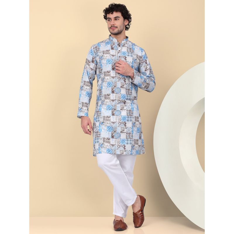Kraft India Men Cotton Blue Abstract Printed Kurta with Pant (Set of 2) (36)