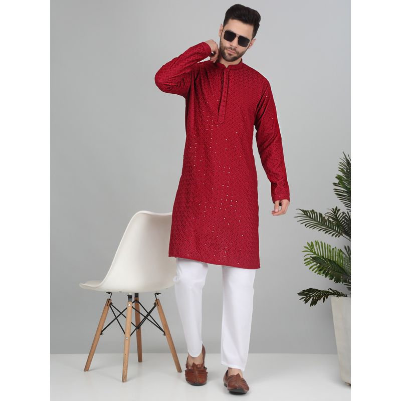 Kraft India Men Cotton Red Embroidered Sequined Kurta with Pant (Set of 2) (40)