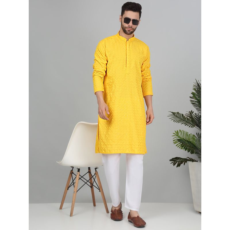 Kraft India Men Cotton Yellow Embroidered Sequined Kurta with Pant (Set of 2) (38)