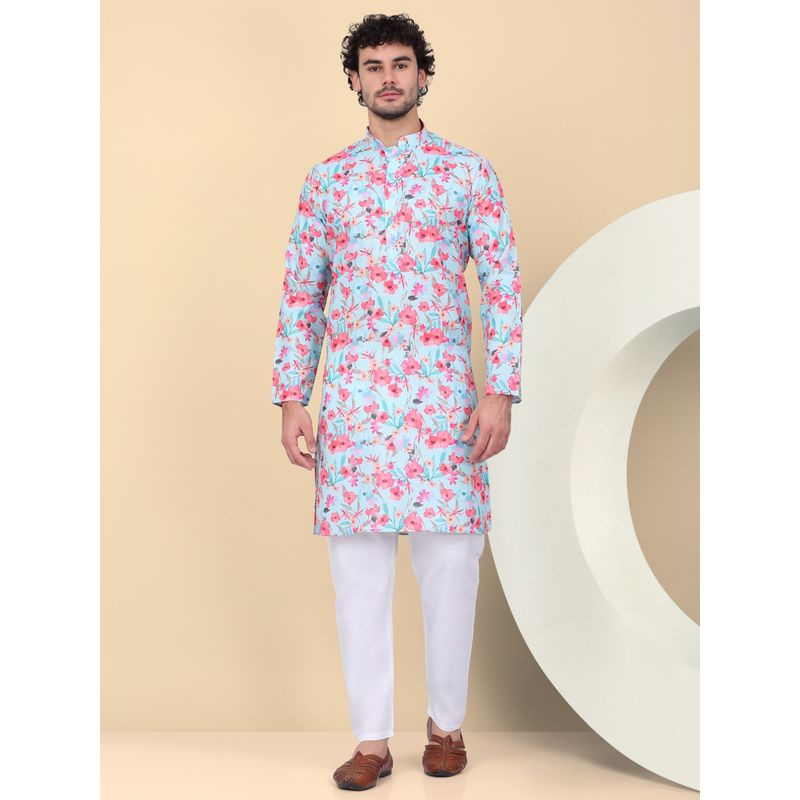 Kraft India Men Linen Sky Blue Floral Printed Kurta with Pant (Set of 2) (36)
