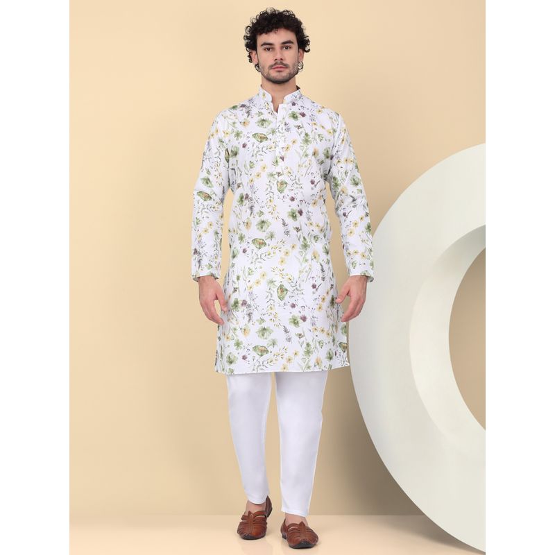 Kraft India Men Linen White Floral Printed Kurta with Pant (Set of 2) (38)