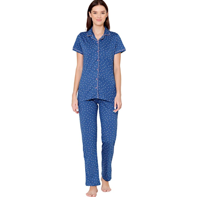 Bodycare Womens Cotton Printed Night Suit of Shirt & Pyjama -BSNS18005 Blue (Set of 2) (XL)