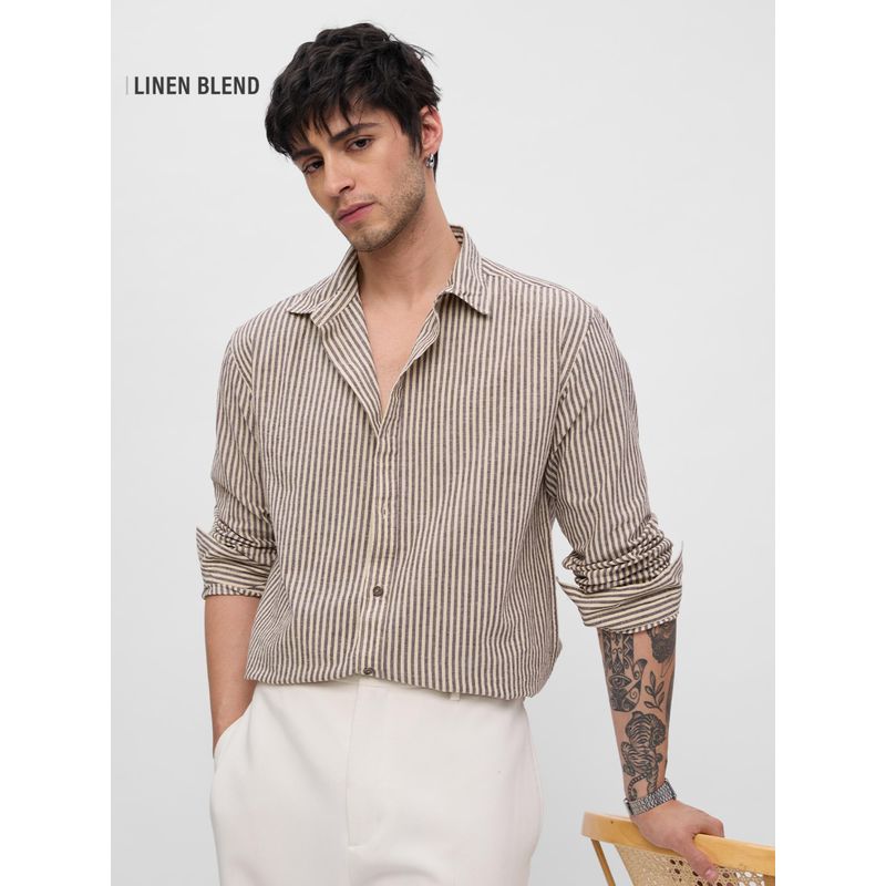 The Souled Store Beige Stripes Regular Fit Shirt (M)