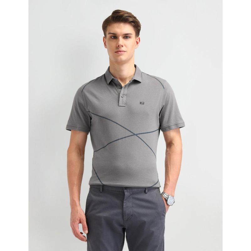 Arrow Sports Printed Grey Half Sleeves Collar Neck Polo T-Shirt (L)