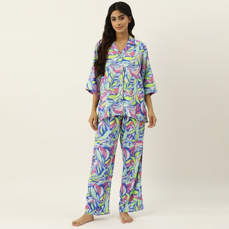 Secret Wish Floral Blue Night Suit for Women (Set of 2) (S)
