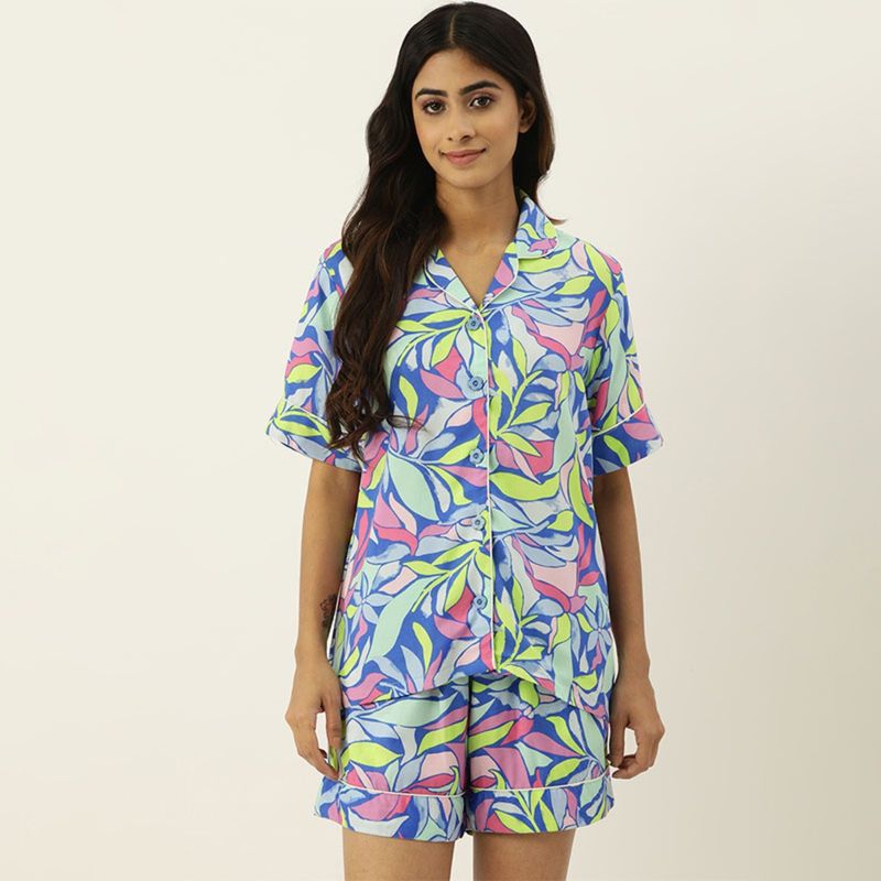 Secret Wish Floral Blue Night Suit for Women (Set of 2) (L)