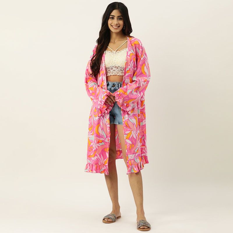 Secret Wish Pink Floral Print Flared Sleeves Swimwear Cover Up Shrug (S/M)