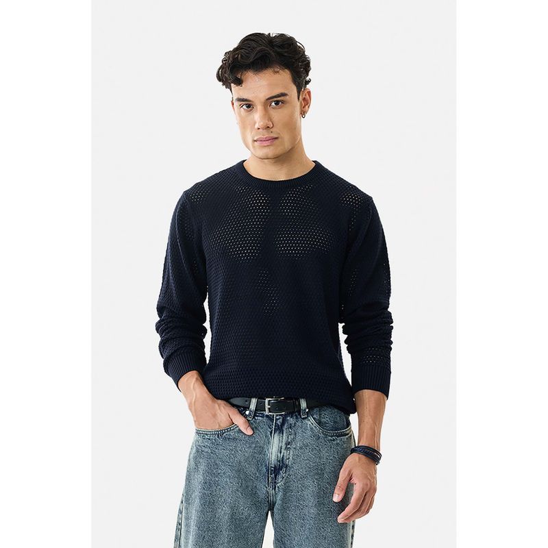 Snitch Navy Blue Mesh Full Sleeves Regular Casual Sweater (M)