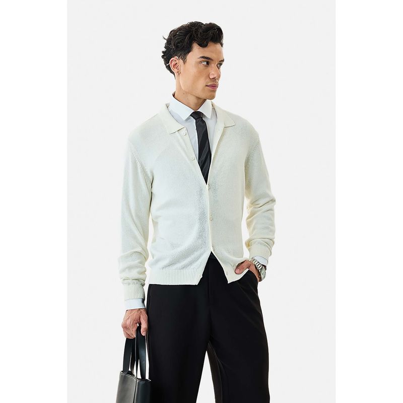 Snitch White Plain Full Sleeves Regular Casual Sweater (L)