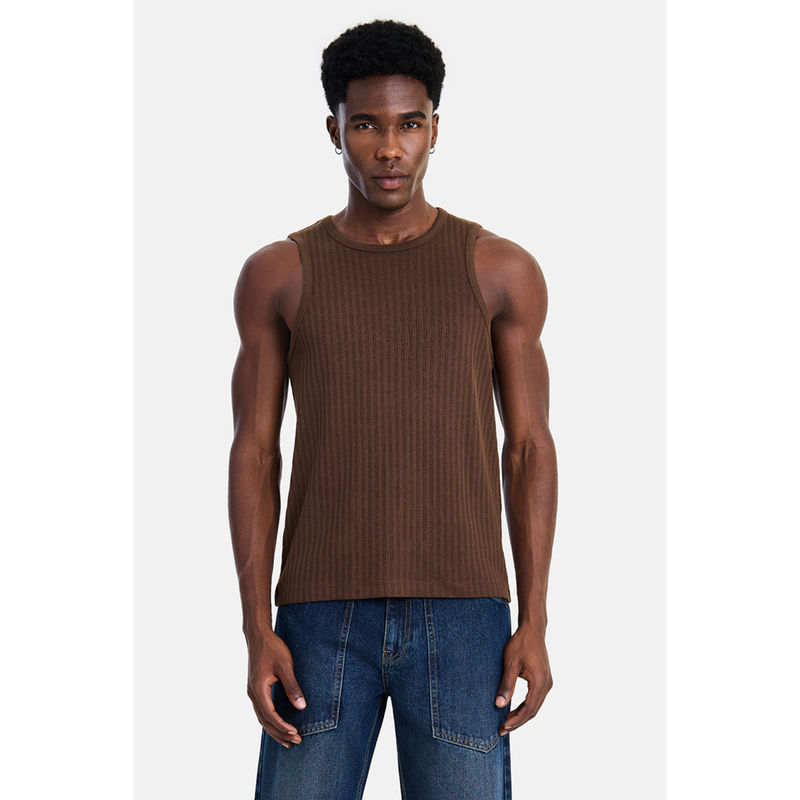 Snitch Brown Cotton Textured Casual Tank (XS)