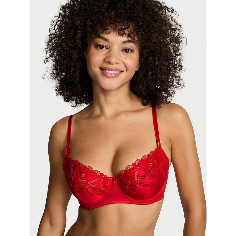 Victoria's Secret Dream Angels Wicked Heartbeat Embroidery Unlined Balconette Bra Red (38DD)