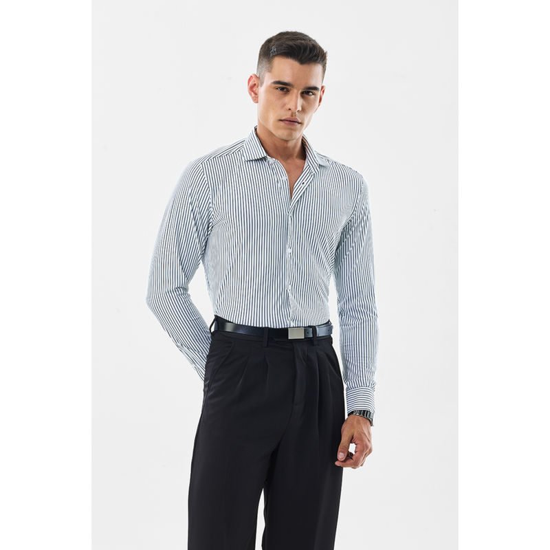 Snitch White Striped Full Sleeves Slim Formal Shirt (M)