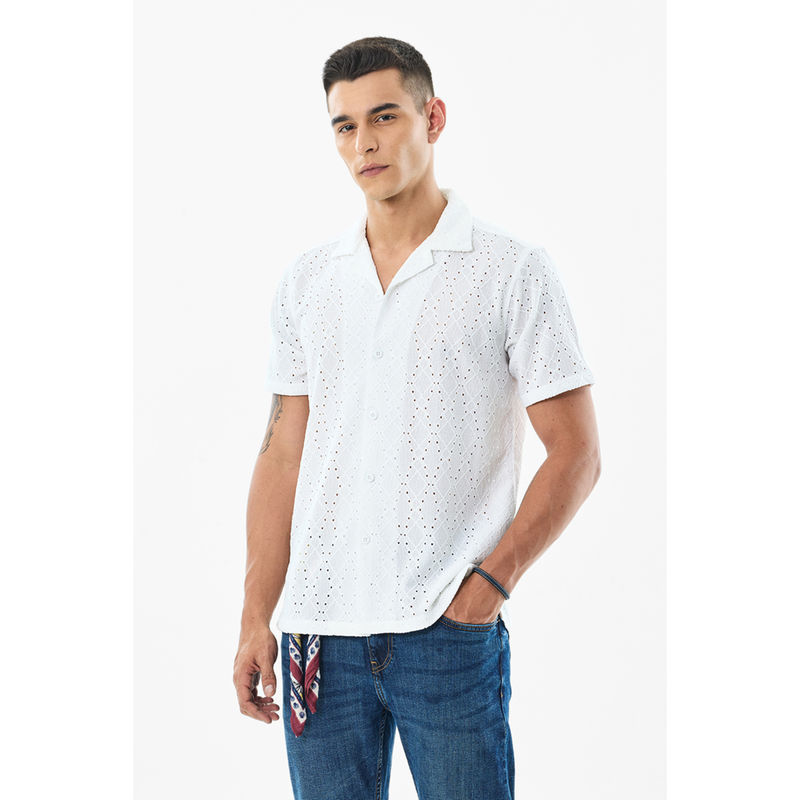 Snitch White Embroidery Half Sleeves Boxy Casual Shirt (L)