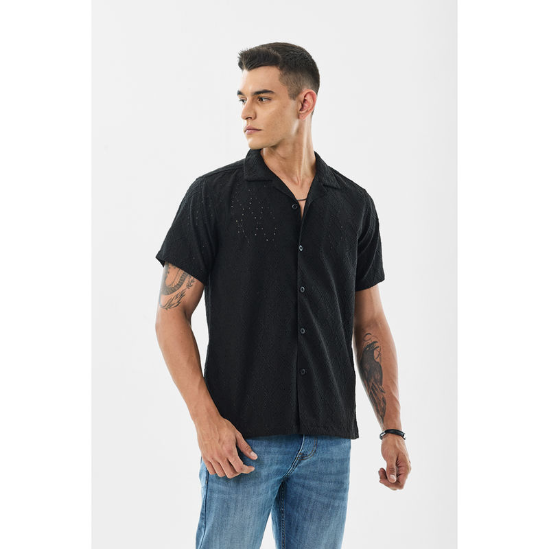 Snitch Black Embroidery Half Sleeves Boxy Casual Shirt (M)