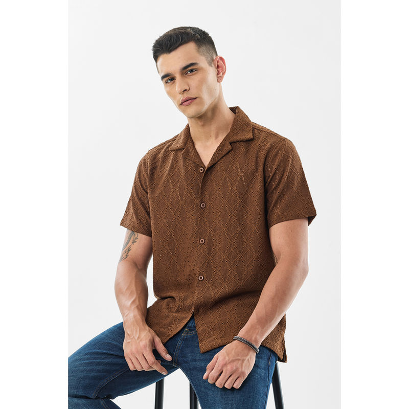 Snitch Brown Embroidery Half Sleeves Boxy Casual Shirt (XL)