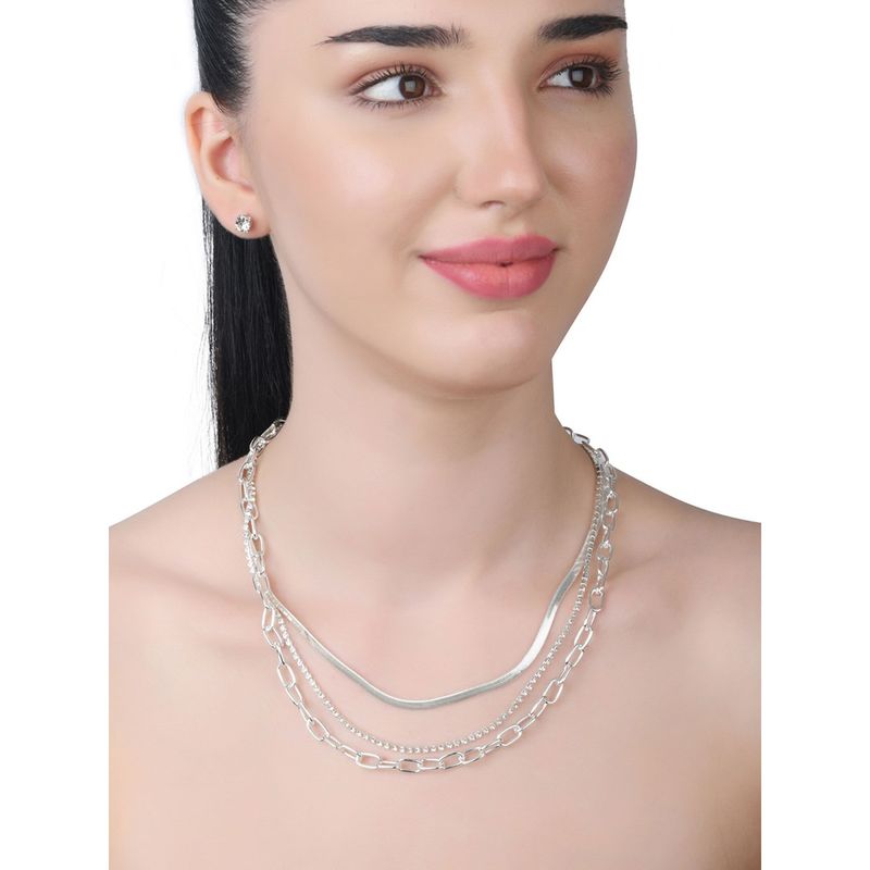 Lilly & Sparkle Silver Statement Three Layered Necklace with Cup Chain and Stud Earrings (Set of