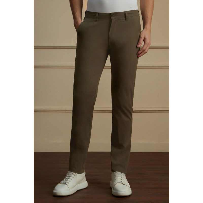 Peter England Men Olive Solid Super Slim Fit Casual Chino Trousers (34)
